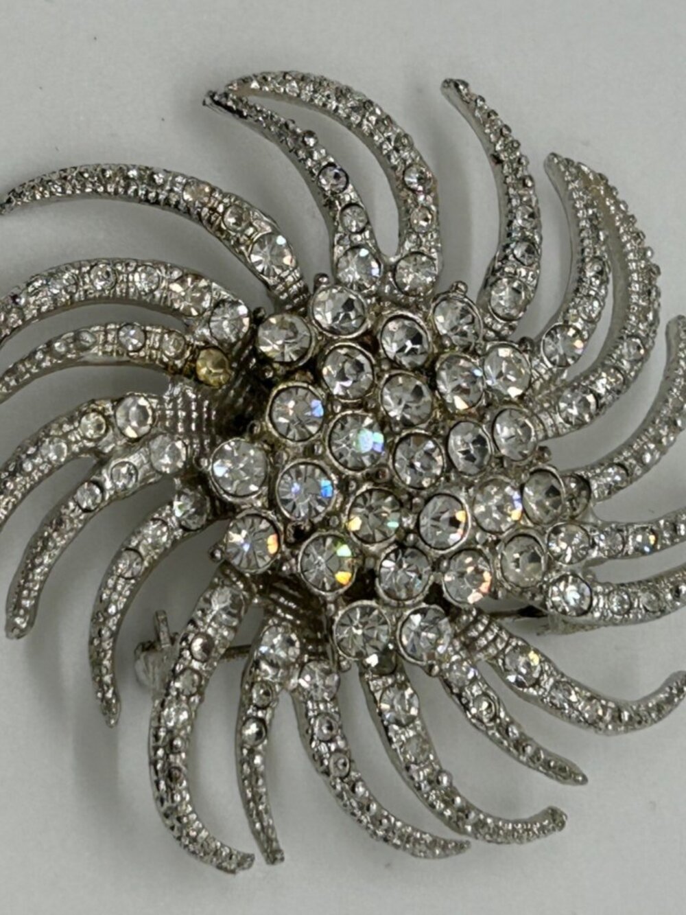 Vintage Silvertone Brooch Sunburst Starburst Swirl Rhinestone Retro Mid-Century